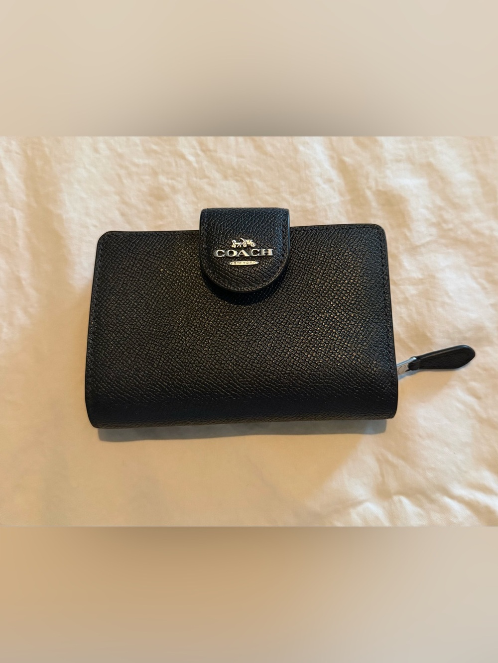 Coach Black Pebbled Leather Snap Wallet with Silver Logo